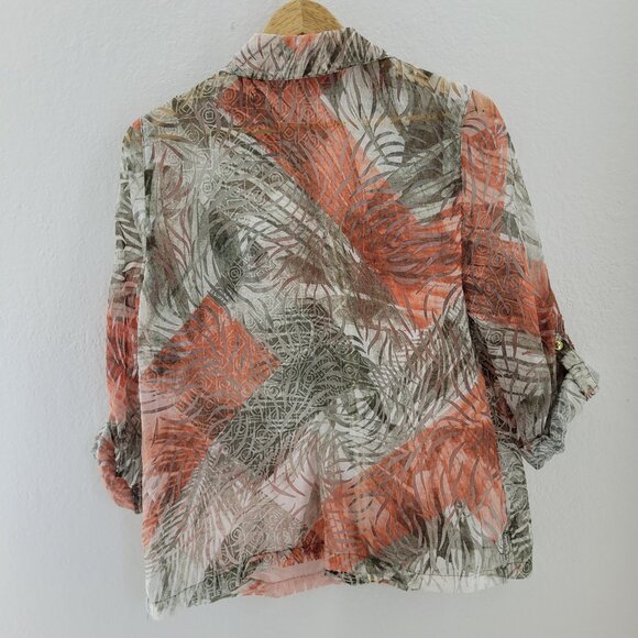 Chico's Jacket Women's 4 Peach Tan Floral Semi Sheer Zip up Roll Tab Pockets - Picture 3 of 13
